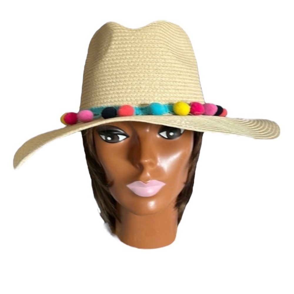 Magid Hats Women’s Paper Straw Sun Hat Beige with Colorful Rainbow Pom Poms